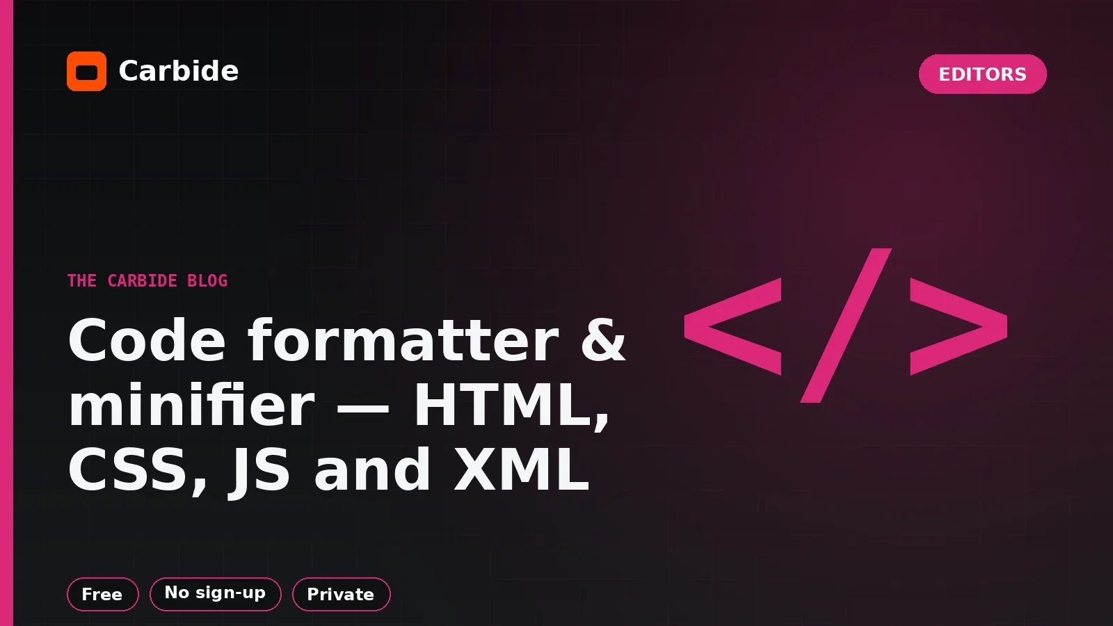 تنسيق وضغط الأكواد — HTML وCSS وJS وXML — صورة توضيحية من مدوّنة Carbide، المحررات