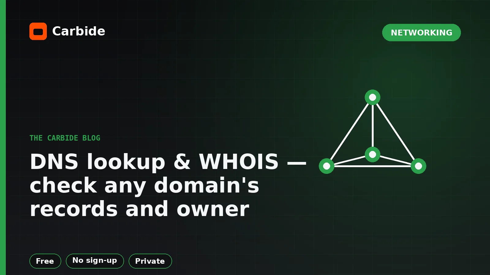 DNS lookup & WHOIS — check any domain's records and owner — Carbide blog illustration, Networking