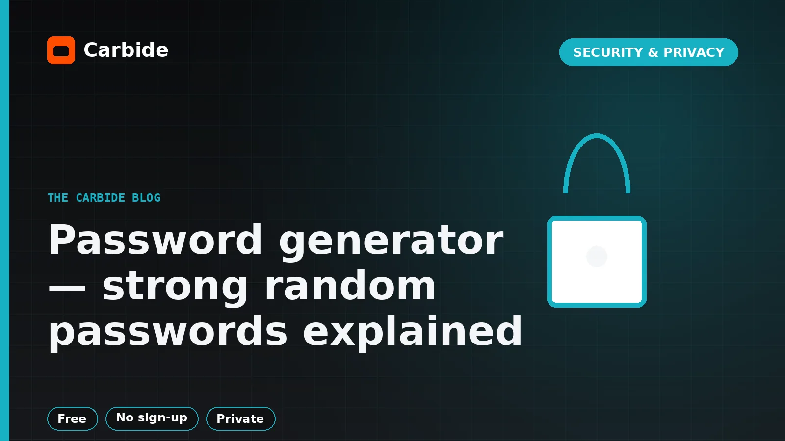 Password generator — strong random passwords explained — Carbide blog illustration, Security & Privacy